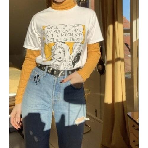 HAHAYULE-JBH Put Man On The Moon Quotes Feminism Funny T-Shirt 80s Vintage Style Womens Summer Cool Graphic Tee Cute White Tops