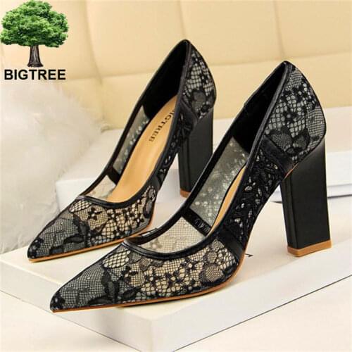 BIGTREE 2018 New Square Heel Sexy Cut-Outs Solid Lace Women Pumps Pointed Toe Shallow High Heels Shoes Womens OL Office Shoes