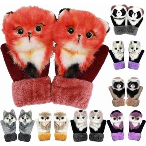 Winter Warm Gloves 22cm Long Animal Cat Dog Panda Raccoon DesignCute Girls Mittens Full Fingers Fashion Soft Princess Guantes