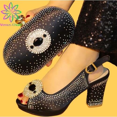 2019 Decorated With Rhinestone Shoes And Bag Set African Design Matching Shoes And Bag Set Super High Heel Sandals in Black