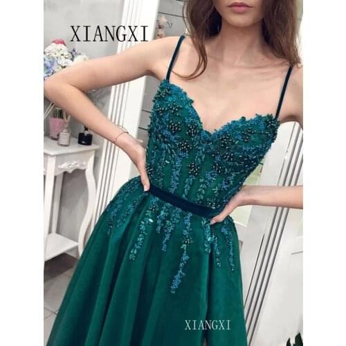 2020 Spaghetti Straps Formal Party Dress Sweetheart Neck Beaded Lace Teal Green Prom Dresses Long Sexy Leg Slit Evening Gowns