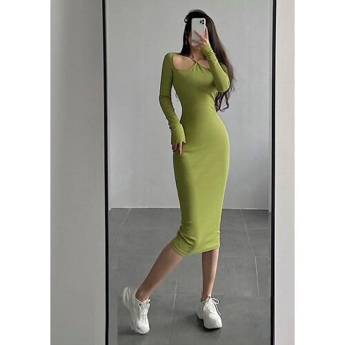 Green dress female long tight-fitting hollow 2021 autumn and winter Y2K sexy party tie long-sleeved dress elegant party dress
