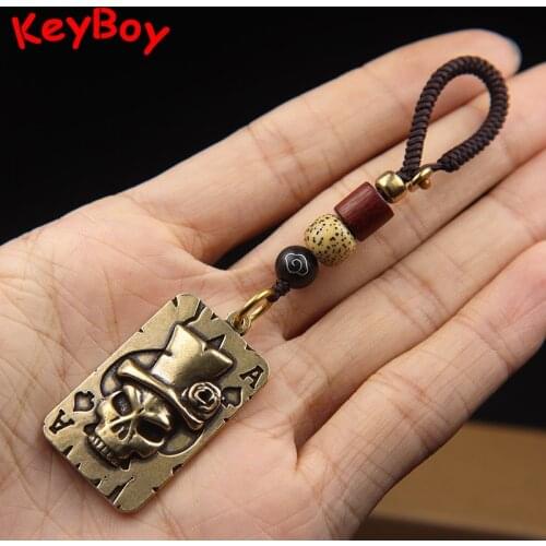Punk Retro Skull Lucky Spade A Poker Cards Key Chains Pendants Jewelry Pure Brass Handmade Men Car Keyrings Hangings Accessories