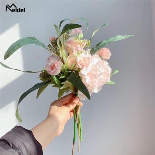 Meldel Wedding Bouquet Artificial Flower Silk Rose Peony Hydrangea Bouquet Forest Style Long Leaves Wedding Home Party Decor
