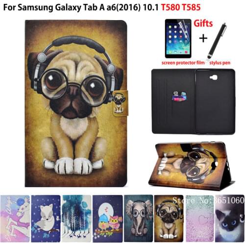 SM-T585N Funda Tablet Case For Samsung Galaxy Tab A A6 10.1" 2016 SM-T580 T585 Fashion Animal Flip PU Leather Skin +Film+Pen
