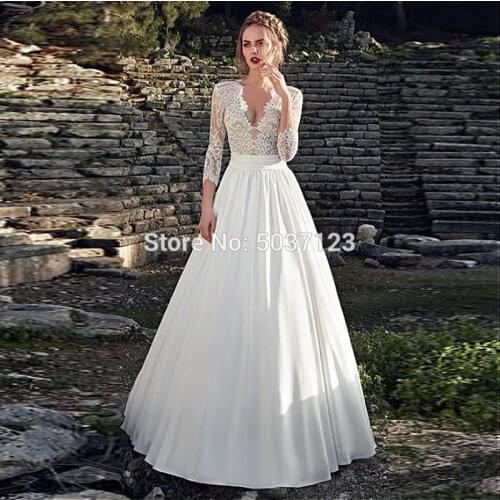 Elegant Satin Wedding Dresses V Neck Lace Appliques Court Train Three Quarter A Line Vestido De Noiva Mariage robe de mariee