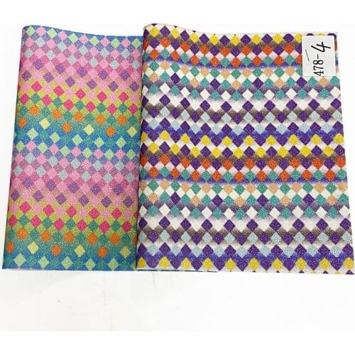 Colorful Plaid Pattern Design Multicolored Shiny Fine Glitter Printed Faux Leather Fabric Sheet for Craft/Christmas Decoration