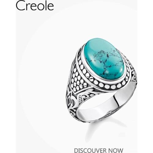 Cocktail Ring 925 Sterling Silver With Turquoise Blue Stones 2021 New Fine Europe Jewerly For Men Women Energetic Ethnic Bijoux