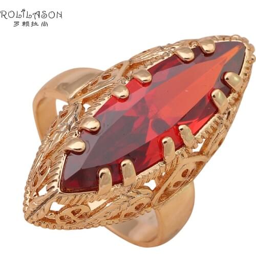 ROLILASON Royal Garnet Rings for women Gold Tone Nickel Lead Free Fashion Jewelry Huge Red zircon Crystal Rings USA Sz JR2026