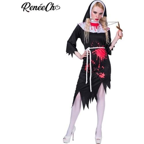 Reneecho 2018 Halloween costume adult Women Deadly Nun Costume Scary Zombie Cosplay Lady Black Bloody Dress With Headband Suit
