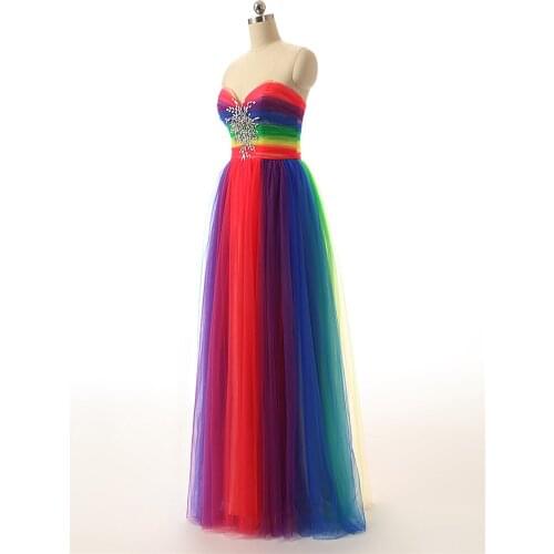 Colorful Rainbow Evening Dresses Long A Line Tull Beading Prom Gown Sweetheart Formal Dress