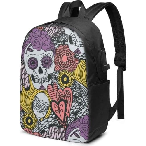 Mexican Floral Skull Women Men Backpack USB Charge School Bag For Girl Boy Travel Laptop Bookbag Daypack