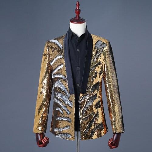Mens Two - Color Stage Suit Jackets Sequin Blazer Polyester None Button Yellow Blue Green Black Casual Sequin Suit