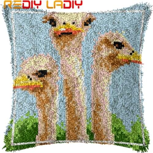 Latch Hook Kit Make Your Own Cushion Three Ostrichs Pre-Printed Canvas Crochet Pillow Case Latch Hook Cushion Cover Arts & Craft