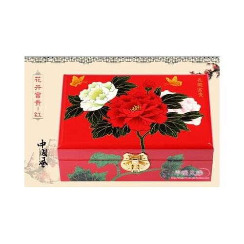 NEW Chinese handmade classic wooden lacquer & Peony flower box 2 layers