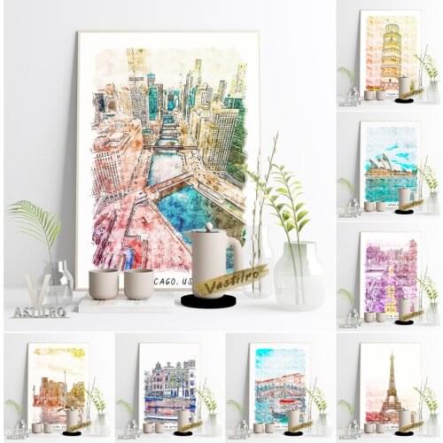 Famous Tourist Attractions Poster World Travel Scenery Watercolor Print Canvas Painting Italian Pisa Australia Sydney Art Decor