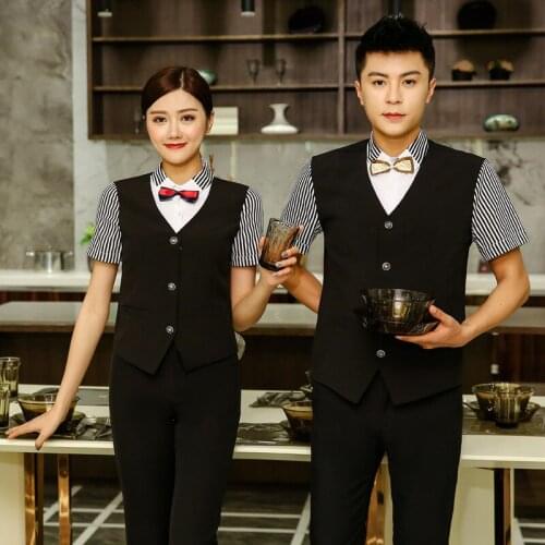 Hotel Workwear Summer Female Front Desk Waitress Uniform Restaurant Cafe Catering Women Waiter Men Short Sleeve Overalls H2412