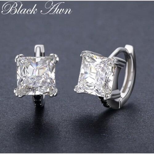 Classic 5.3g 925 Sterling Silver Square Black Spinel Trendy Engagement Hoop Earrings for Women Fine Jewelry BijouxT200