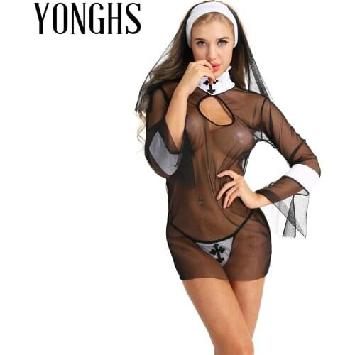 Womens Nun Halloween Sex Cosplay Costume Transparent Lingerie Set Sheer Mesh Erotic Sexy Mini Dress with Headwear and G-string
