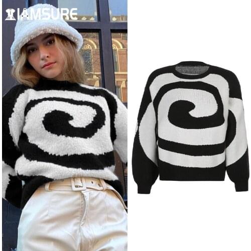 IAMSURE Paisley Printed Oversized Sweater Women 2021 Autumn Winter Loose O-Neck Long Sleeves Knitted Pullovers Preppy Style Tops