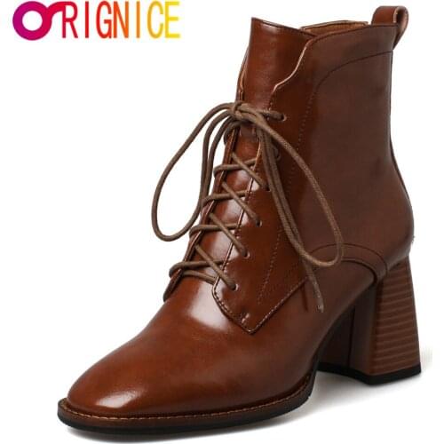 Orignice Delicate Genuine Leather Chunky High Heel Short Ankle Boots Women Zipper Square Toe Lace Up Lady Autumn Party Shoes