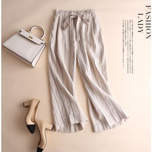 New Arrival Spring Summer Women High Waist Cotton Linen Striped Wide Leg Pants All-matched Casual Loose Pants Plus Size S593
