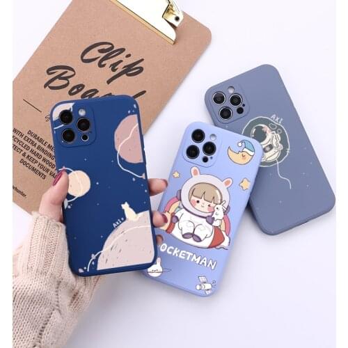 Square Astronaut Phone Case For iPhone 12 11 Pro Max 12 mini X XR XS 7 8 Plus Camera Lens Soft Candy Color TPU Back Cover Fundas