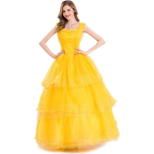 Halloween Cosplay Adult Princess Yellow Costume Party Ball Gown Flower Women Yellow Dress