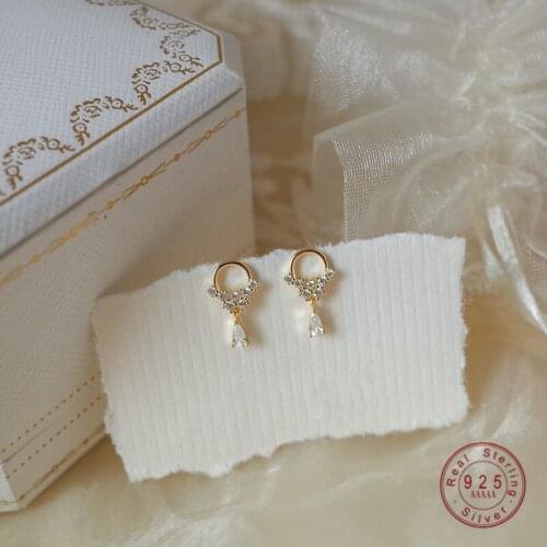 HI MAN 925 Sterling Silver Plated 14K Gold Shiny Water Drop Crystal Stud Earrings Women Fashion Simple Wedding Jewelry