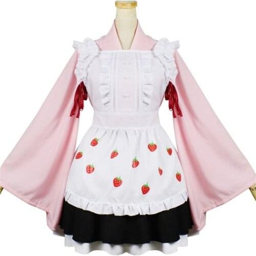 Customized handcraft Lolita Lace ruffled skirt Sakura strawberry and wind long sleeve maid kimono set