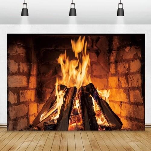 Laeacco Winter Christmas Fireplace Bonfire Burning Wood Party Photozone Photography Background Photo Backdrop Photo Studio