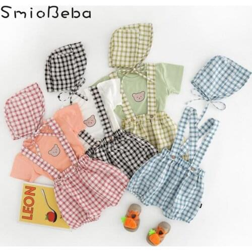 Summer Baby Boys And Girls Three Piece Sets Plaid Carrying Blet Strap Pants Newborn Shirts With Hats Treasure Korean Bear Suit