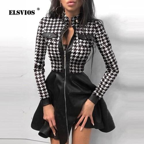 Fashion Women Pocket Zipper Stand Collar Long Sleeve Printed Mini Dress Autumn Elegant Casual PU Leather High Waist Slim Dresses
