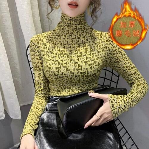 Autumn And Winter Fashion High Collar Top Long Sleeve T-Shirt Letter Slim And Plush Womens T-Shirt Foreign Style Versatile Top
