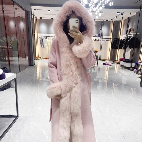 New Ladies Coats Winter Cashmere Wool Coat With Fur Hood Casual Fashion Real Fur Trim Cardigan Long Coat Women Korean Style
