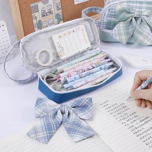 Ins Pencil Bag Korea Large-Capacity Pencilcase School Stationery Cosmetic Storage Bag Cute Plaid Pen Pouch For Kawaii Girl Gift