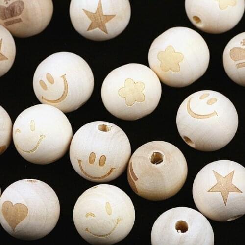 RBFHYER printing star 10Pcs 20mm Round Woodem Spacer Bead wood Loose Bead for DIY Women Jewelrt Bracelet Necklace Making Finding