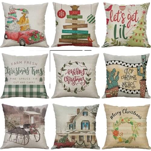 Christmas Pillow Covers 45*45 Pillowcase Red Truck Cotton Linen Decorative 18" Home Sofa Waist Cushion Cover Couch Car Decor
