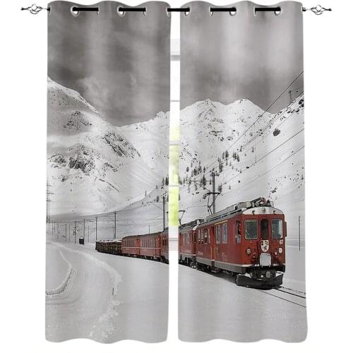 Snow Mountain Red Train Printed Curtains Window for Living Room Bedroom Kitchen Kids Room Modern Home Decoration