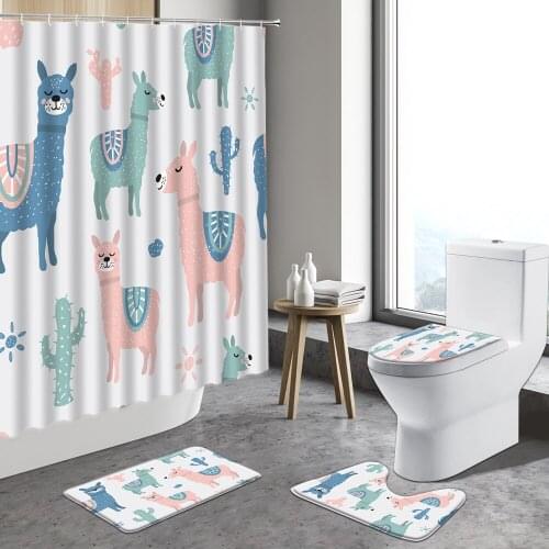 Cute Cartoon Animals Alpaca Shower Curtain Funny Personality Owl Zebra Squirrel Bathroom Home Toilet Non-Slip Bath Mat Rug Sets