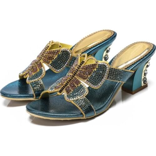 Thick High Heel Slippers 7cm High Heel Slippers Women Luxury Rhinestone Bow Hollow Slippers Large Size Casual Slippers