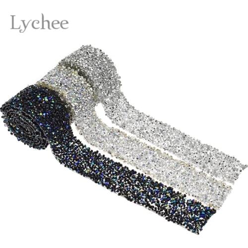 Lychee Life 1 Yard Beaded Rhinestones Iron On Trim Crystal Lace Ribbon DIY Sewing Supplies Accessories For Wedding Dress