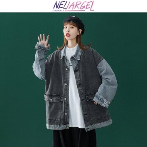 NELLARGEL Women Harajuku Vintage Japanese Denim Jacket 2021 Female Patchwork Y2k Winter Coats Girl Streetwear Kawaii Jean Jacket