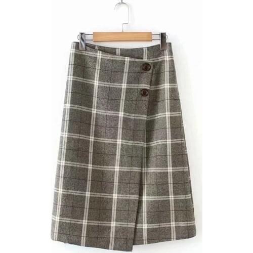 Womens Retro Checkered Button High Waist A-Line Knee-Length Skirt With Irregular Slits Temperament All-Match