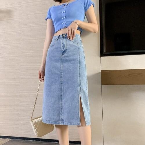 Midi Denim Skirts Summer High Waist Button Side Split Hip Wrap Jean Skirt For Women Teen Girls Slim Casual A Line Skirts 2021
