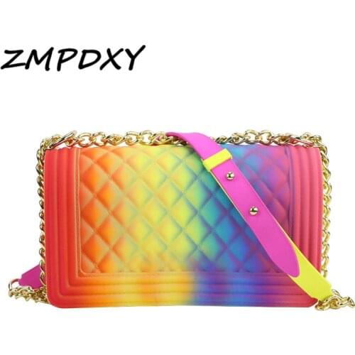 New Arrival Candy Color Jelly Crossbody Bag Ladies Big Square Chain Shoulder Handbag Women Fall Rainbow PVC Brand Luxury Purse