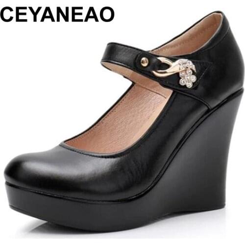 CEYANEAO New Autumn Rhinestone Cowhide Black Leather Shoes Women Pumps Shoes Wedges Cheongsam Catwalk Shoes High Heels Womens