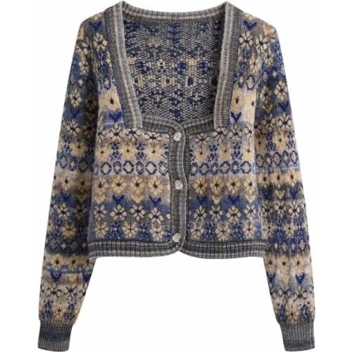 Autumn And Winte Women Vintage Square Collar Flower Print Jacquard Knitting Sweater Female Long Sleeve Chic Cardigans Coat Tops
