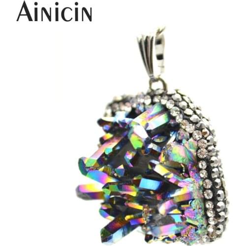 1pc Natural Crystal Cluster Rainbow Plating Pendants Rhinestone Crystal Clay Paved Jewelry For Women Birthday Gift