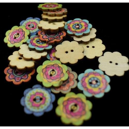 100PCS 20MM Wooden Buttons Mixed Flowers Shape DIY Natural Wood Button 2-Holes Scrapbook Sewing Accessories Wood Button